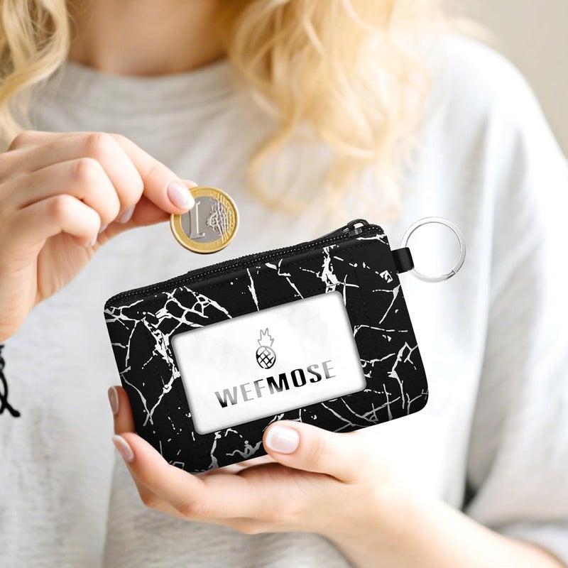 WEFMOSE Small Wallet Keychain with Clear ID Window Zipper Cute ID Case Coin Purse for Women Water Resistant Coin Pouch-Marble-Black Keychain Wallet - Image 2